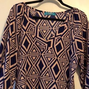 Boho blouse- light pink and deep blue print.